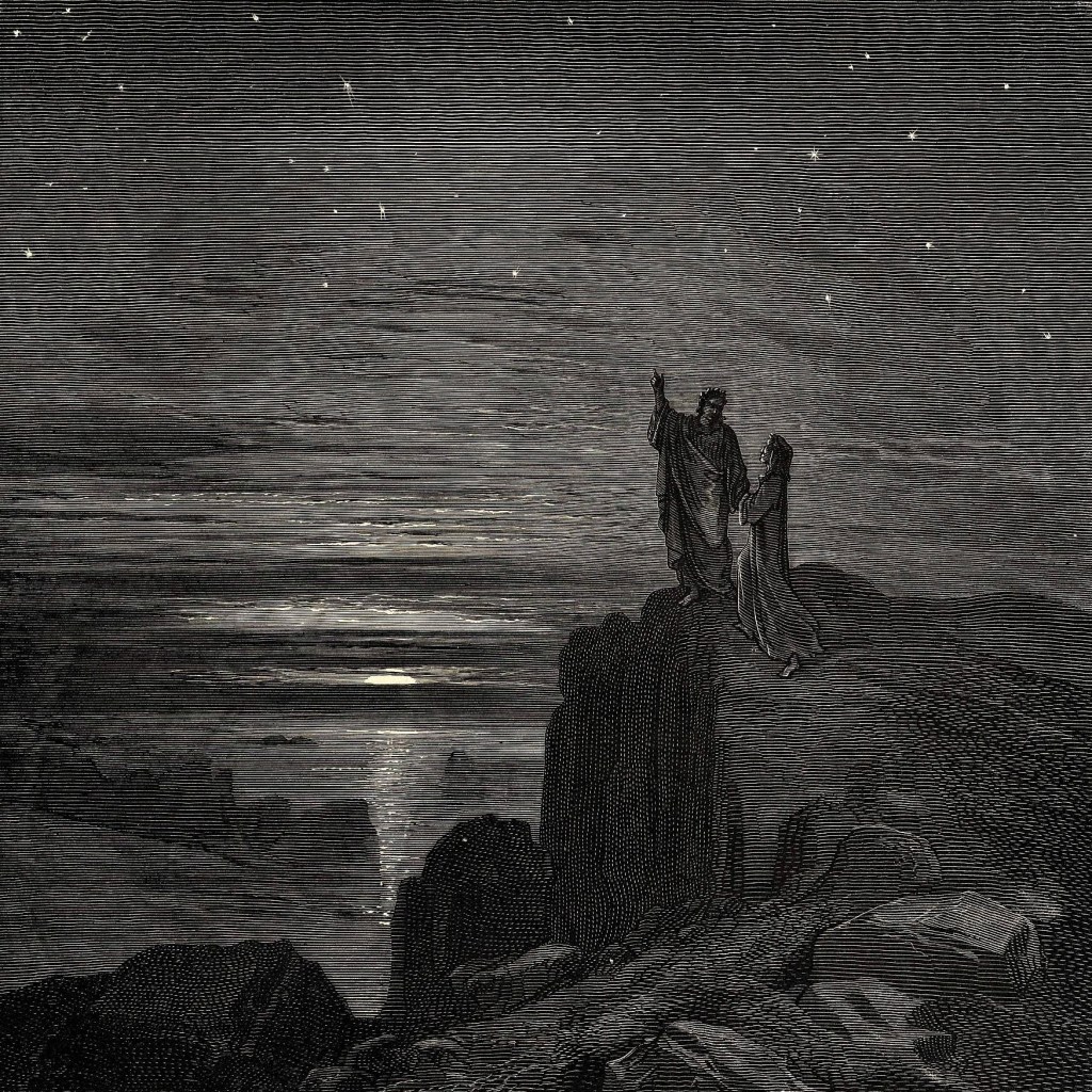 An illustration of Dante and Virgil on a cliffside looking at the sky. The text over it says "Thence we came forth to rebehold the stars."